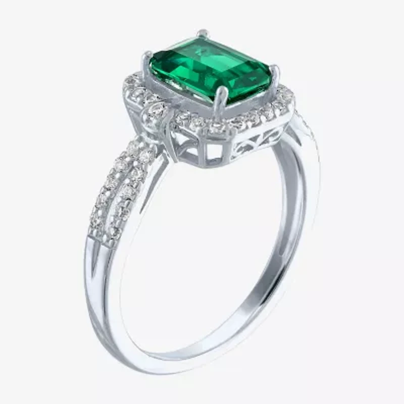 Womens Lab Created Green Emerald Sterling Silver Cocktail Ring