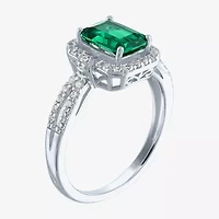 Womens Lab Created Green Emerald Sterling Silver Cocktail Ring