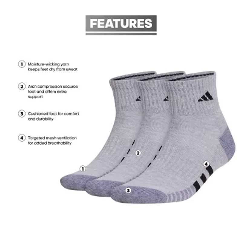 adidas Cushioned Mens 3 Pair Quarter Ankle Socks