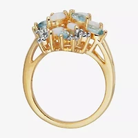 Womens Genuine White Opal 18K Gold Over Silver Flower Cluster Cocktail Ring