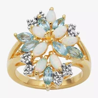 Womens Genuine White Opal 18K Gold Over Silver Flower Cluster Cocktail Ring