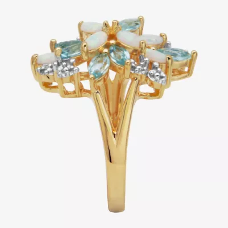 Womens Genuine White Opal 18K Gold Over Silver Flower Cluster Cocktail Ring
