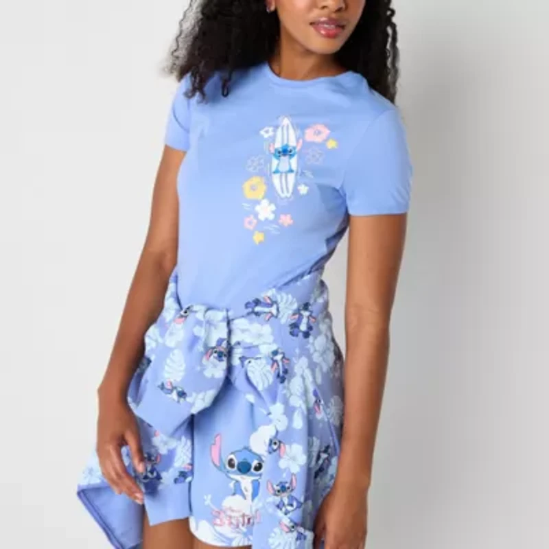 Womens Crew Neck Short Sleeve Fitted Lilo & Stitch Juniors Graphic T-Shirt