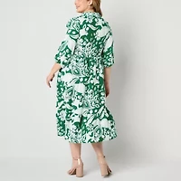 52seven Womens 3/4 Sleeve Floral Midi Plus Fit + Flare Dress
