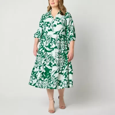 52seven Womens 3/4 Sleeve Floral Midi Plus Fit + Flare Dress