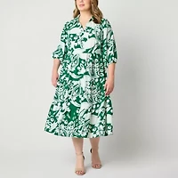 52seven Womens 3/4 Sleeve Floral Midi Plus Fit + Flare Dress