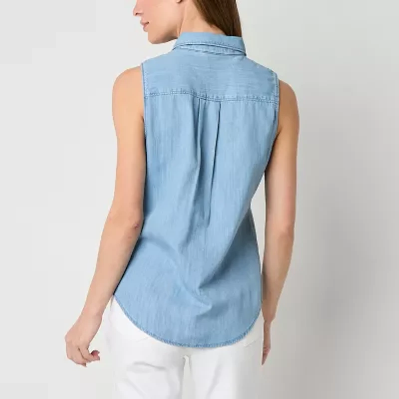 St. John's Bay Womens Sleeveless Regular Fit Tall Button-Down Shirt