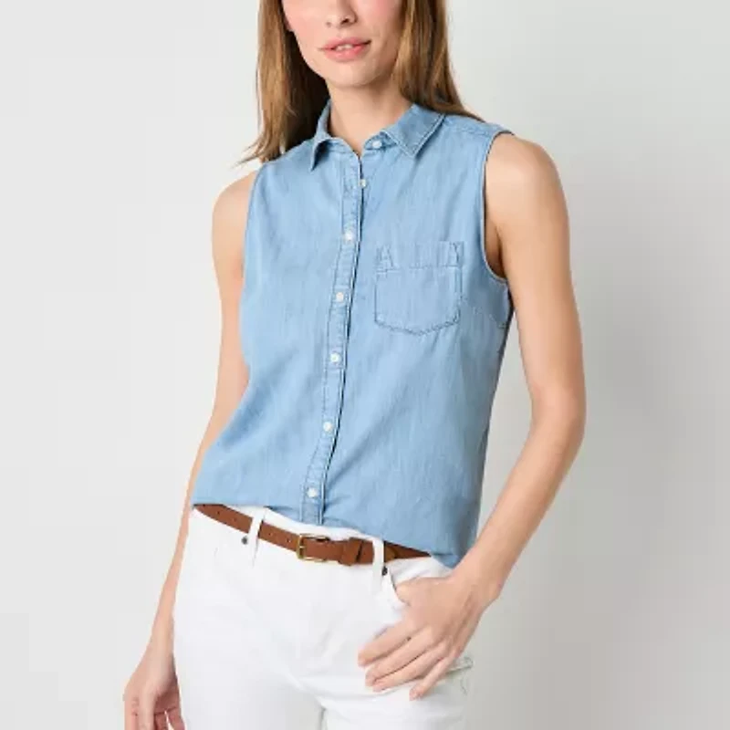 St. John's Bay Womens Sleeveless Regular Fit Tall Button-Down Shirt