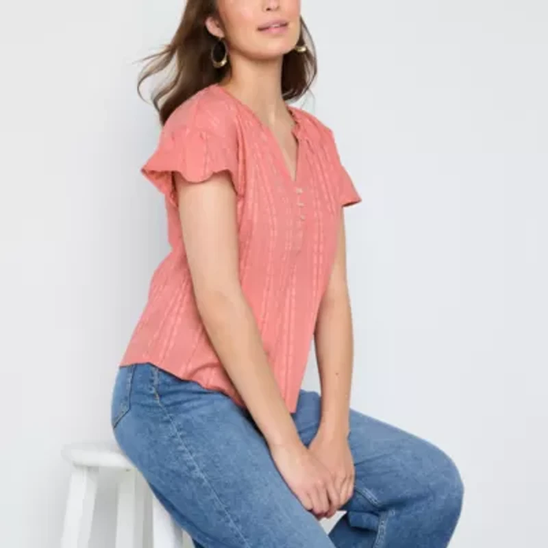 Frye and Co. Womens Y Neck Short Sleeve Blouse