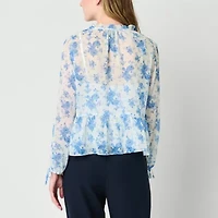 by&by Womens Split Tie Neck Long Sleeve Juniors Peasant Top