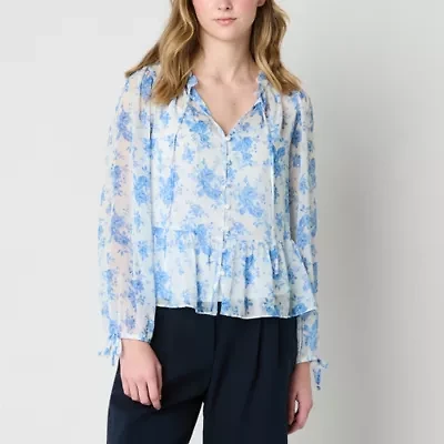 by&by Womens Split Tie Neck Long Sleeve Juniors Peasant Top