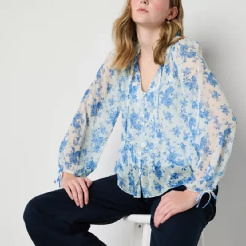 by&by Womens Split Tie Neck Long Sleeve Juniors Peasant Top