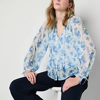 by&by Womens Split Tie Neck Long Sleeve Juniors Peasant Top