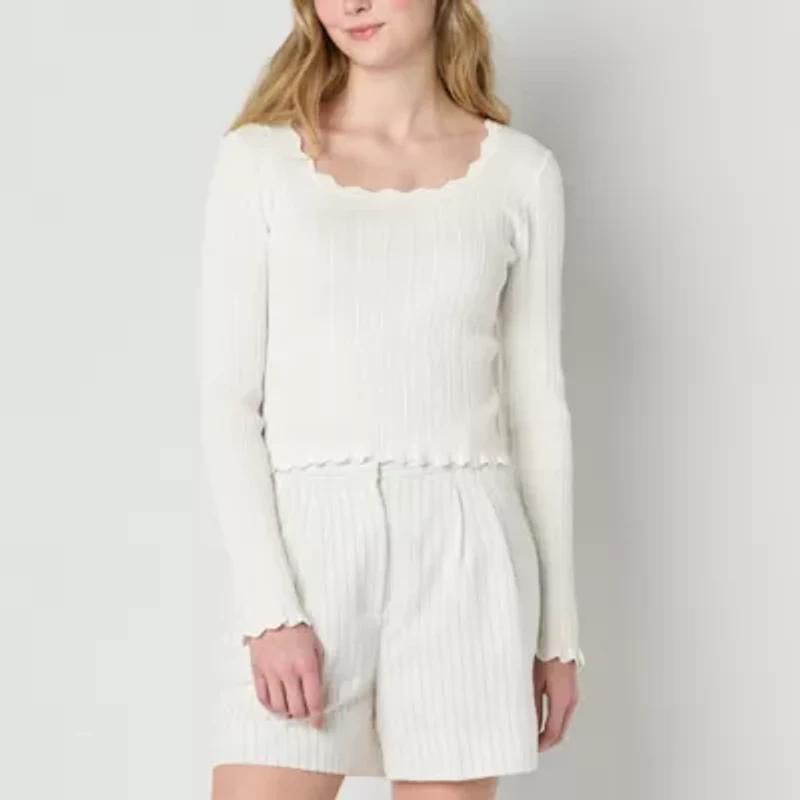 by&by Juniors Womens Scallop Neck Long Sleeve Pullover Sweater