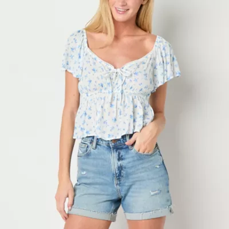 Arizona Womens Juniors Scoop Neck Short Sleeve Peasant Top