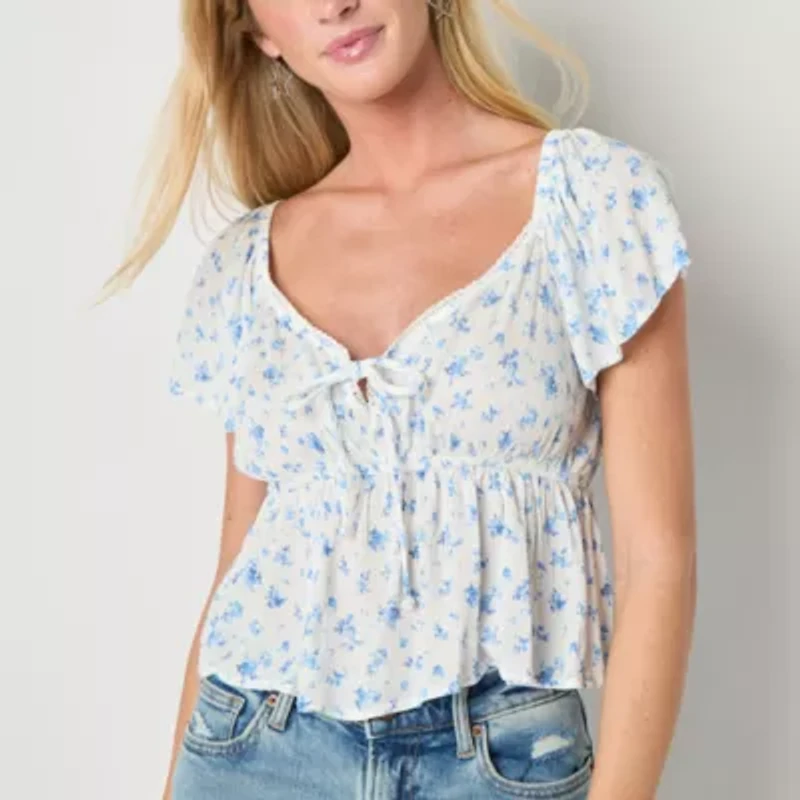 Arizona Womens Juniors Scoop Neck Short Sleeve Peasant Top