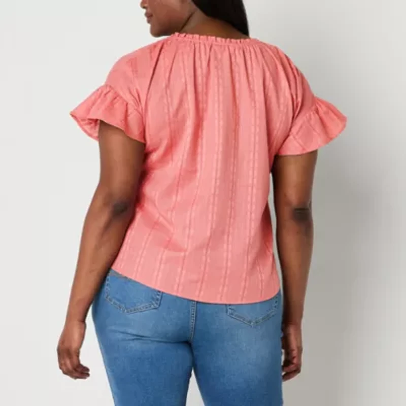 Frye and Co. Womens Y Neck Short Sleeve Plus Blouse