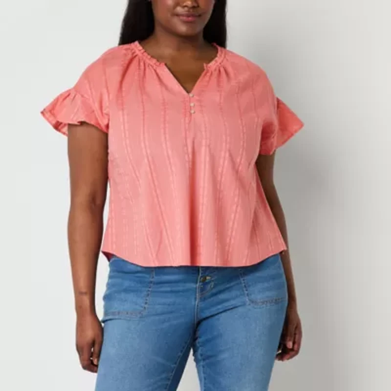 Frye and Co. Womens Y Neck Short Sleeve Plus Blouse