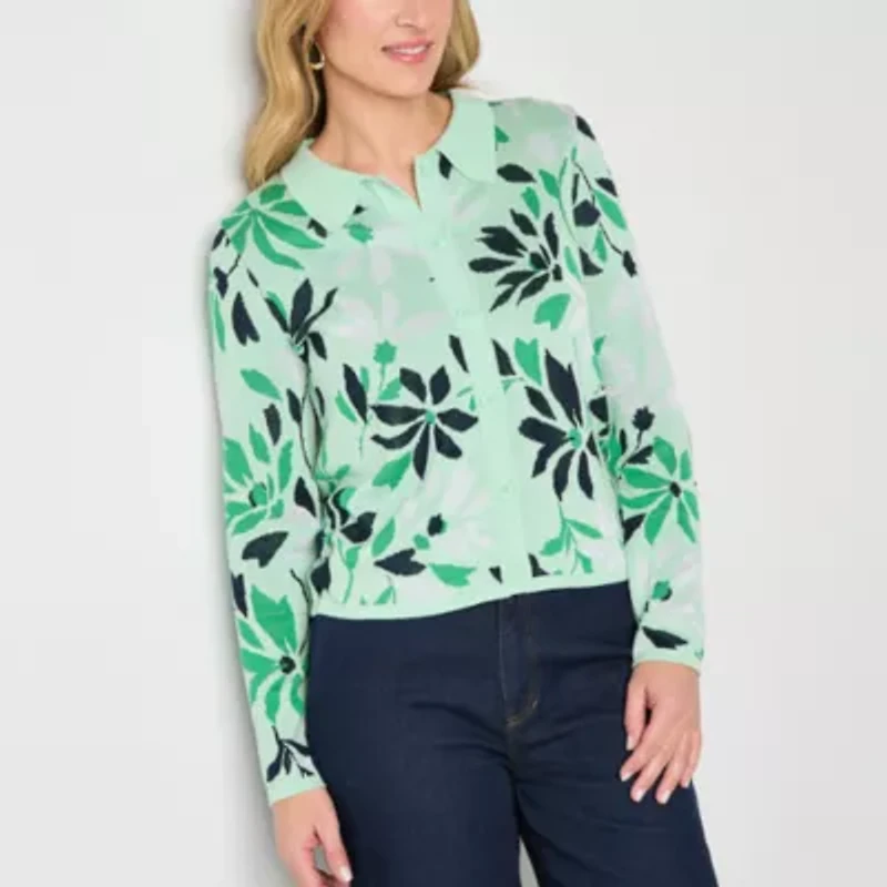 Liz Claiborne Womens Long Sleeve Button Floral Cardigan