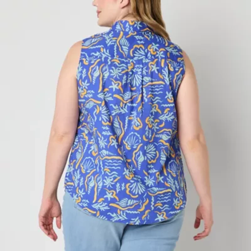 St. John's Bay Womens Sleeveless Regular Fit Plus Button-Down Shirt