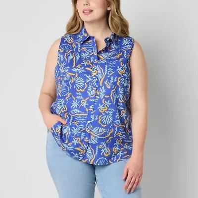 St. John's Bay Womens Sleeveless Regular Fit Plus Button-Down Shirt