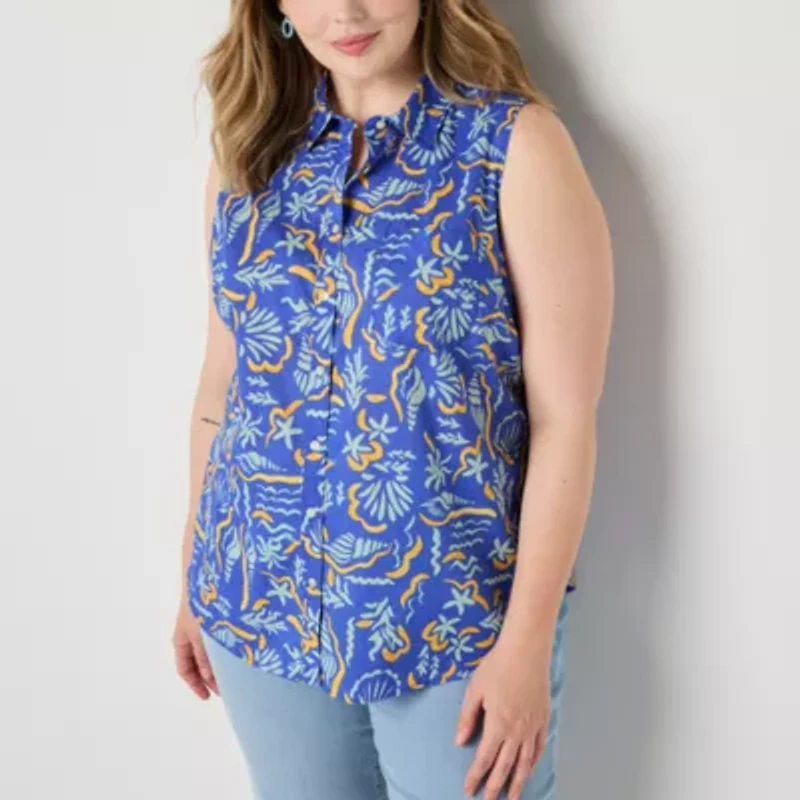 St. John's Bay Womens Sleeveless Regular Fit Plus Button-Down Shirt