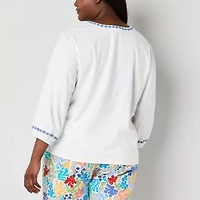 St. John's Bay Womens Plus Split Crew Neck Long Sleeve Embroidered Blouse