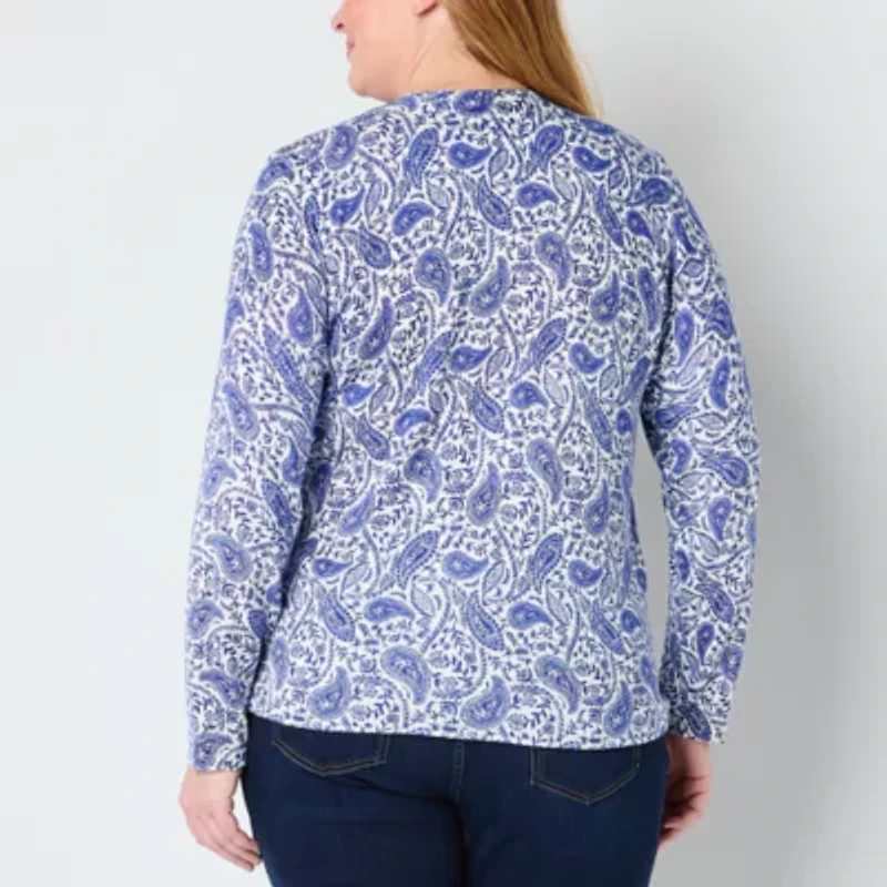 Liz Claiborne Plus Womens V Neck Long Sleeve Paisley Pullover Sweater