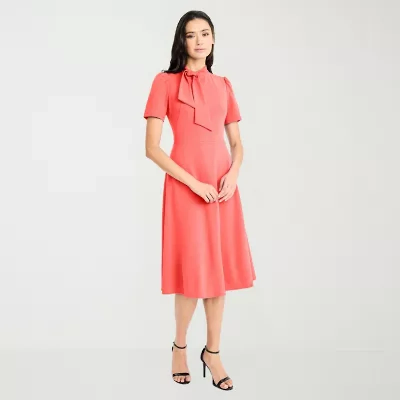 London Style Womens Midi High Neck Short Sleeve Fit + Flare Dress