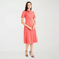 London Style Womens Midi High Neck Short Sleeve Fit + Flare Dress