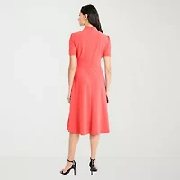 London Style Womens Midi High Neck Short Sleeve Fit + Flare Dress