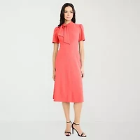 London Style Womens Midi High Neck Short Sleeve Fit + Flare Dress