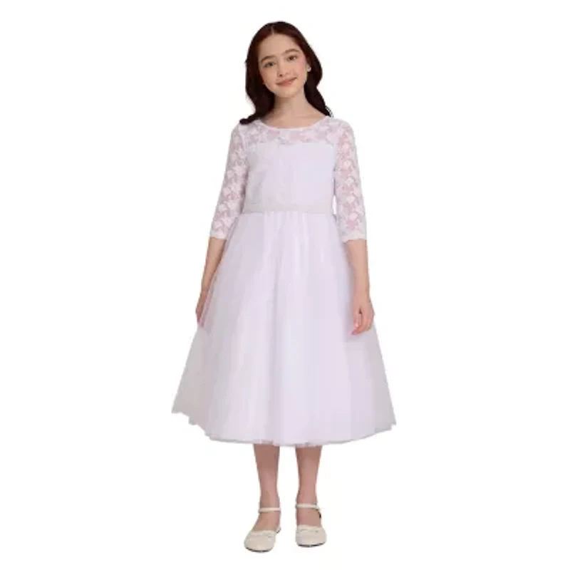 Bonnie Jean Little & Big Kid Girls 3/4 Sleeve Lace Flower Girl Fit + Flare Dress