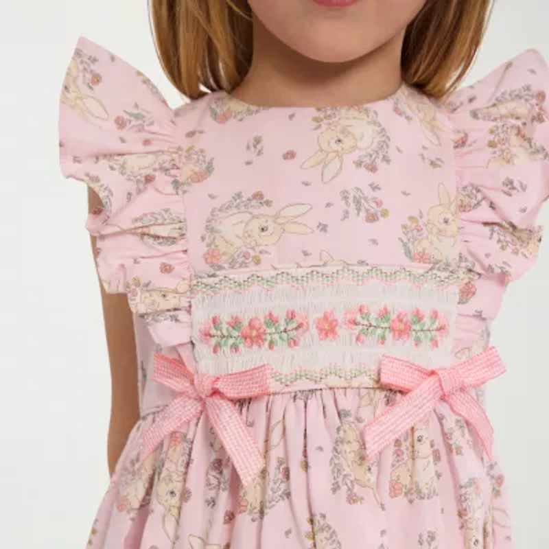 Bonnie Jean Little Girls Smocked Bunny Short Sleeve Flutter A-Line Dress