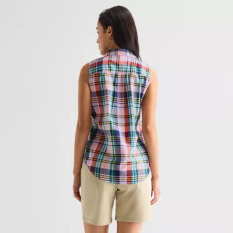 St. John's Bay Womens Sleeveless Regular Fit Button-Down Shirt