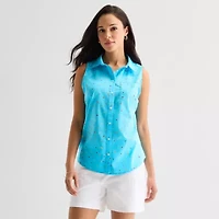 St. John's Bay Womens Sleeveless Regular Fit Button-Down Shirt