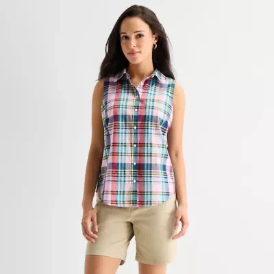 St. John's Bay Womens Sleeveless Regular Fit Button-Down Shirt