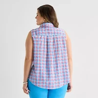 St. John's Bay Womens Plus Sleeveless Classic Fit Button-Down Shirt