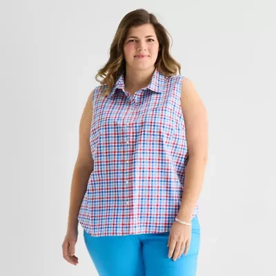 St. John's Bay Womens Plus Sleeveless Classic Fit Button-Down Shirt