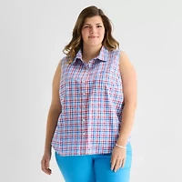 St. John's Bay Womens Plus Sleeveless Classic Fit Button-Down Shirt