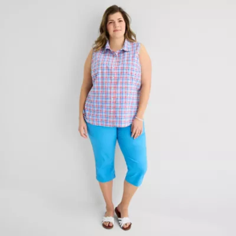 St. John's Bay Womens Plus Sleeveless Classic Fit Button-Down Shirt