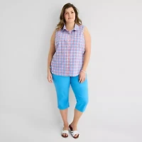 St. John's Bay Womens Plus Sleeveless Classic Fit Button-Down Shirt