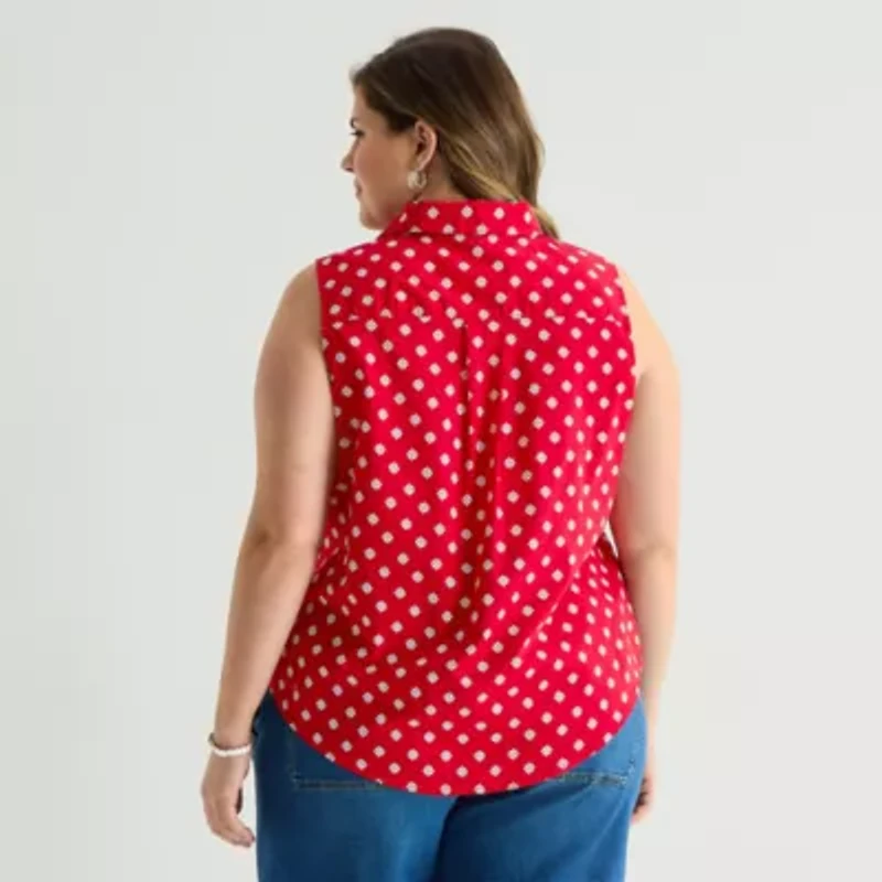 St. John's Bay Womens Plus Sleeveless Classic Fit Button-Down Shirt