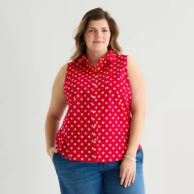 St. John's Bay Womens Plus Sleeveless Classic Fit Button-Down Shirt
