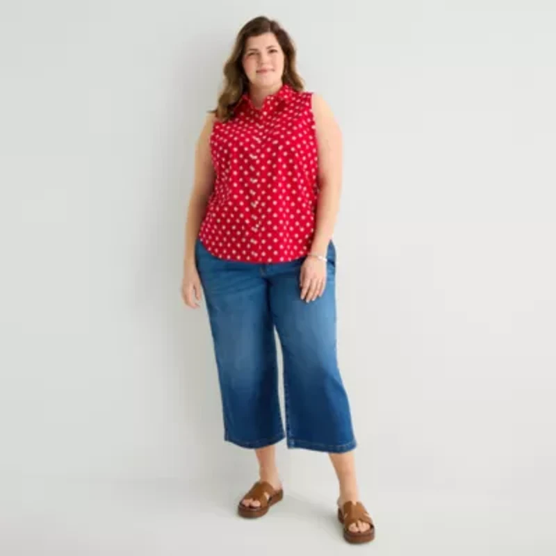 St. John's Bay Womens Plus Sleeveless Classic Fit Button-Down Shirt