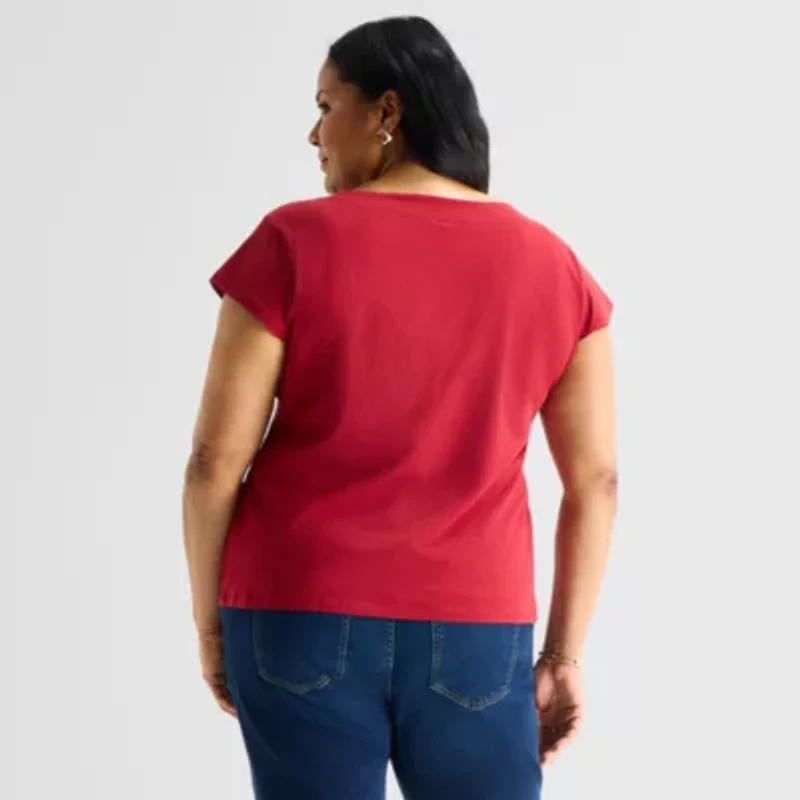 Liz Claiborne Womens Plus Boat Neck Short Sleeve Blouse