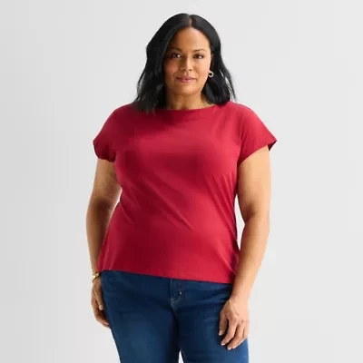 Liz Claiborne Womens Plus Boat Neck Short Sleeve Blouse