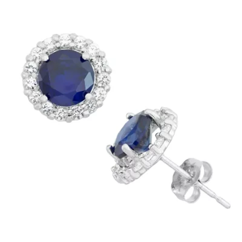 Lab Created Blue Sapphire 10K Gold Round Stud Earrings