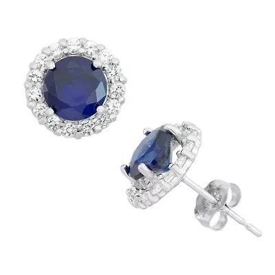 Lab Created Blue Sapphire 10K Gold Round Stud Earrings