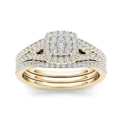 3/4 CT.T.W. Natural Diamond Cluster 10K Yellow Gold Bridal Ring Set